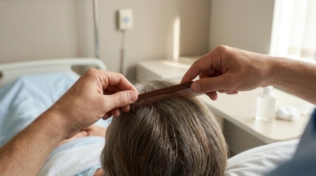 Caring hands comb elderly patient's hair in hospital bed, symbolizing love, compassion, and end-of-life care.