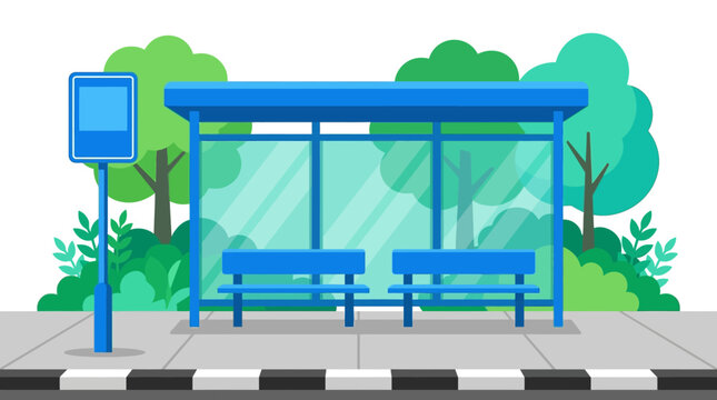Bus stop shelter featuring blue seating and a timetable sign situated beside a sidewalk with lush green trees.