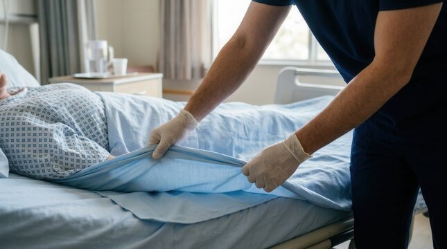 Caregiver in gloves making hospital bed for patient, focusing on comfort and hygiene in medical setting