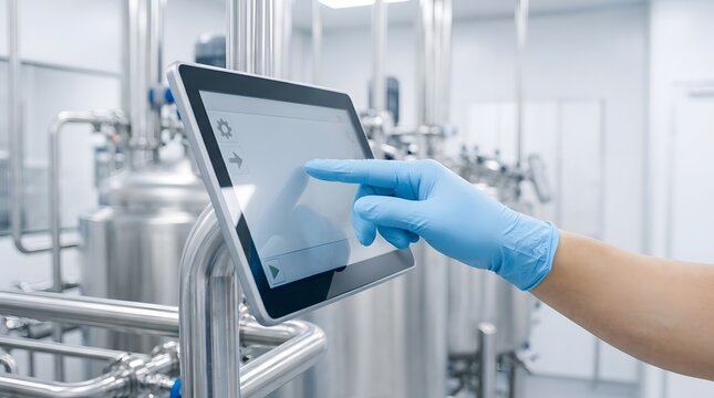 Gloved hand using tablet in pharmaceutical clean room facility