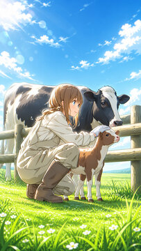 Smiling Young Woman in White Work Suit Caring for a Brown Calf with Holstein Cow on Blue Sky Farm, Anime Illustration，青空の牧場で白い作業着の若い女性が茶色の子牛を撫でる ホルスタインと酪農 アニメイラスト