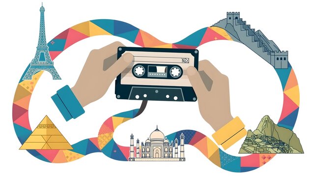 Hands holding retro audio cassette tape with colorful ribbon connected to world landmarks Eiffel Tower Borobudur Pyramids concept vector illustration