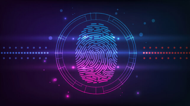 Digital fingerprint scan biometric verification system with glowing blue circular light UI.