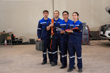 Fototapeta premium Technician team mechanic workshop uniform tool vehicle repair garage diagnostic, diverse auto service crew standing in repair bay with equipment and car