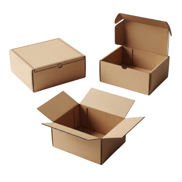 Set of three brown cardboard delivery boxes isolated on transparent background for e-commerce and shipping concepts