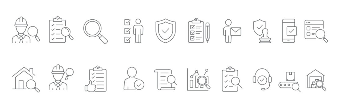Linear Style Inspection Web Icon Set. Collection of quality control, line icons, including checks product, Editable stroke