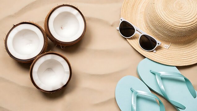 Three halved coconuts with a straw hat sunglasses and flip flops on sandy beach with sunglasses light blue coconuts lie sand with next straw