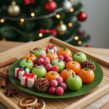 Vibrant traditional Thai dessert, Luk Chup made from sweetened, mashed mung bean paste shaped like miniature fruits shaped like apples, oranges, berries, and gift boxes, then coated with a jelly.