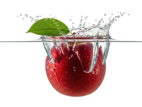 Fresh red apple splashing into clear water with green leaf isolated on transparent background for healthy food concepts