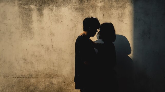 Silhouette couple against a textured wall.