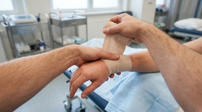 Healthcare professional applying elastic bandage to patient's injured wrist in medical examination room