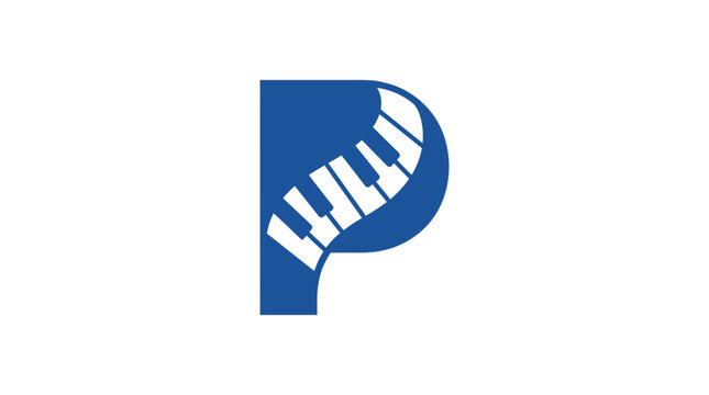 Creative blue letter P logo integrated with white piano keys for music school or studio branding