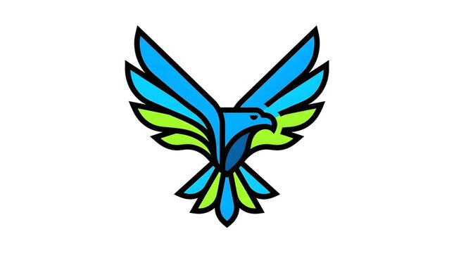 Modern abstract eagle logo icon with blue and green wings isolated on white background