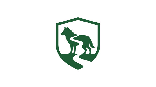Green wolf silhouette logo with winding path inside shield emblem for outdoor adventure branding
