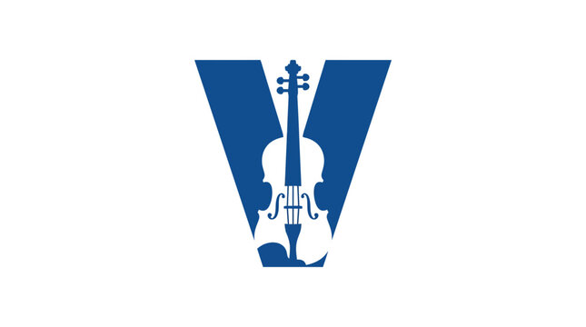 Minimalist Blue Letter V with Negative Space Violin Musical Instrument Logo Design