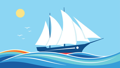 Fototapeta premium Beautiful classic sailboat sailing smoothly on the deep blue ocean waves under a warm, bright summer sun.