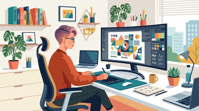 Creative graphic designer working on a computer in a modern home office illustrating the concept of remote work and digital art