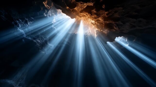 Cinematic light beams shining through a dark cavern opening.
