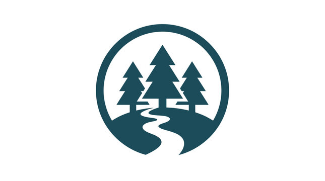 Minimalist circular pine tree forest logo with winding path vector illustration