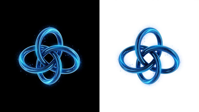 Blue glowing infinity knot symbol isolated on both black and white background, for easy editing