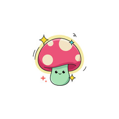 Fototapeta premium Adorable cartoon mushroom with red cap and white spots smiling happily surrounded by magical sparkles for nature themed and