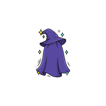 Mysterious purple wizard cloak with pointed hat floating in air surrounded by magical sparkles for fantasy storytelling and halloween