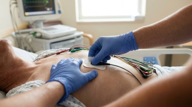 Medical professional attaching ECG electrodes to a patient's chest for heart monitoring in a hospital setting.