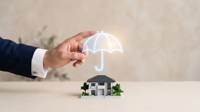Hand holding glowing neon umbrella over miniature house model, home insurance protection, real estate security symbol, property safety guarantee, family care idea