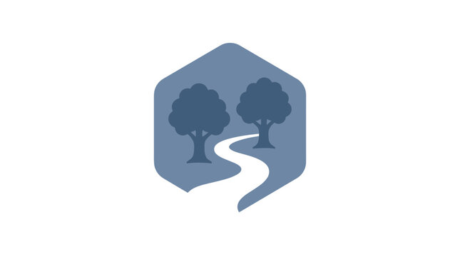 Minimalist Nature Icon with Winding Path and Trees in Hexagon Frame Vector Illustration