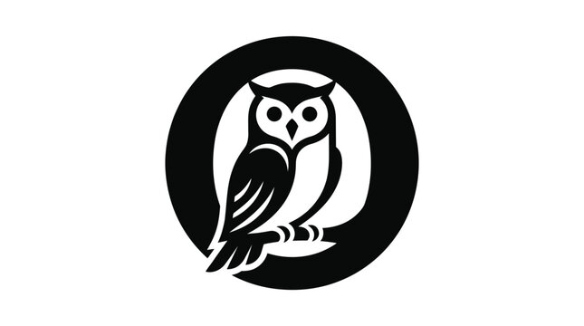 Minimalist owl perched on a branch inside a circular frame, black and white vector logo design.