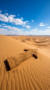 Vast desert landscape with sand dunes and blue sky.
