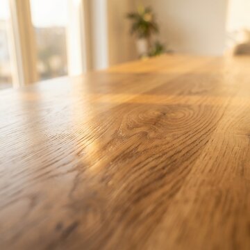 Warm wooden table surface with natural light and blurred background.