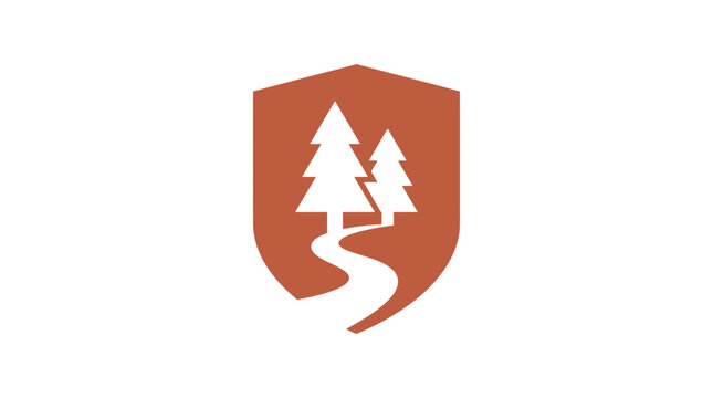 Minimalist shield logo with pine trees and winding path vector icon for nature and outdoor branding