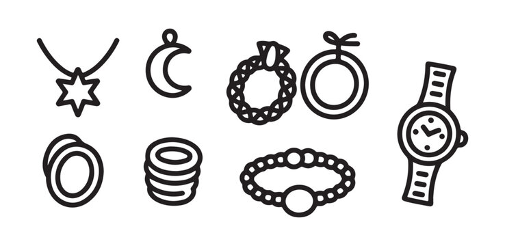 Jewelry Icons, necklaces rings bracelets earrings and watches for fashion accessory design Vector Design and Illustration