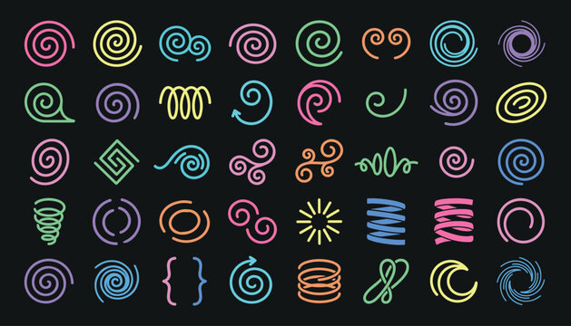 Set of colorful hand drawn vector swirls, spirals, loops and curly design elements on dark background
