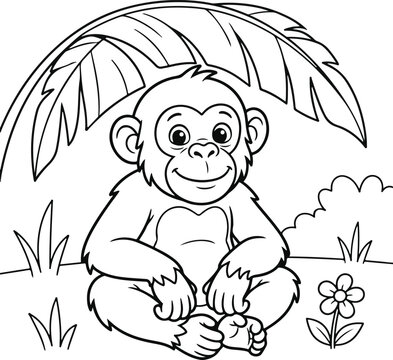 Cute cartoon monkey sitting under a large palm leaf in the forest