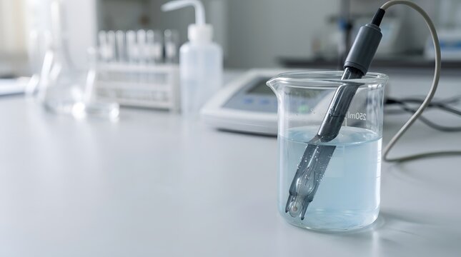 Laboratory pH meter electrode sensor probe submerged in a glass beaker with blue liquid solution for chemical testing and analysis, professional clinical diagnostic equipment in a sterile science lab.