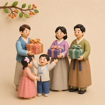 추석 선물을 들고 함께 모인 한복 차림의 한국 가족Generating AI