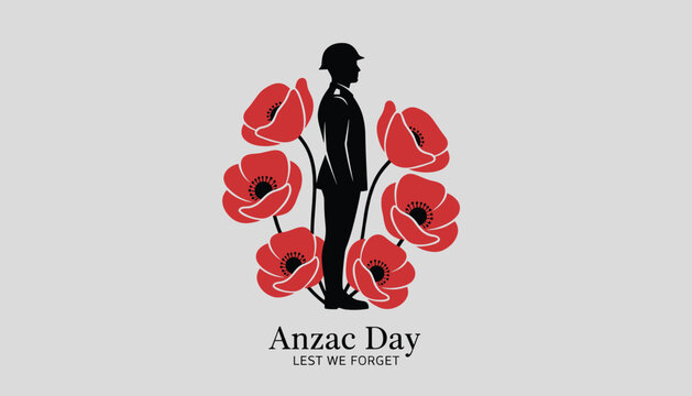 Soldier silhouette saluting with red poppies around him to commemorate anzac day lest we forget on a grey textured background.