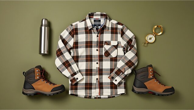 A well-arranged flat lay of essential men's outdoor gear, including a plaid flannel shirt, rugged hiking boots, a thermos, and a compass on a green background.