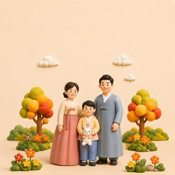 한복을 입은 엄마 아빠와 아이의 행복한 추석 가족 일러스트Generating AI