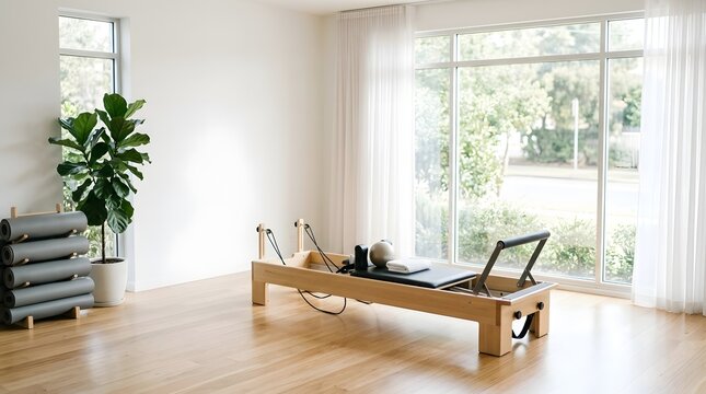 Modern minimalist pilates studio interior with a wooden reformer machine, rolled yoga mats, and a lush fiddle leaf fig plant in a bright sunlit room featuring large windows and white sheer curtains