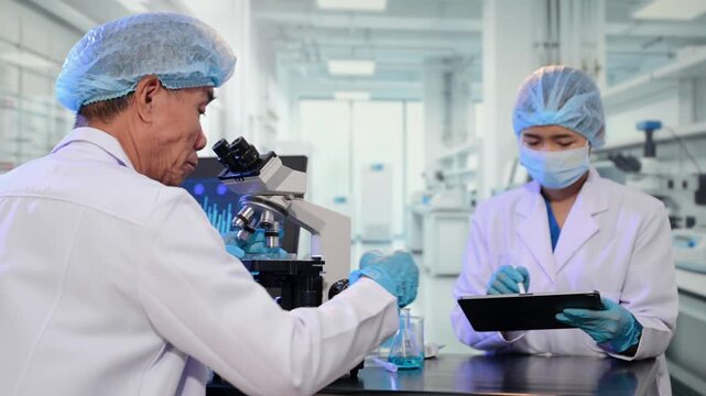 Scientists analyzing samples with a microscope and digital tablet in a modern laboratory. Perfect for science, biotechnology, food science
