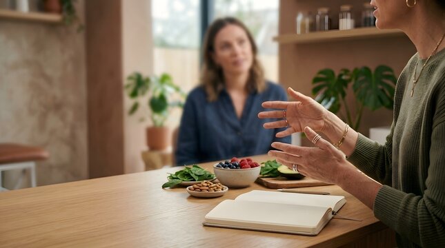 Professional Nutritionist Consulting with a Client About Healthy Diet and Meal Planning in a Modern Kitchen