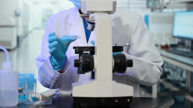Scientist in a lab coat and gloves comparing blue and orange liquids in flasks. Medical and chemistry research concept using modern lab equipment