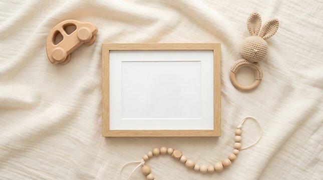 Blank wooden picture frame with baby toys on soft beige fabric background
