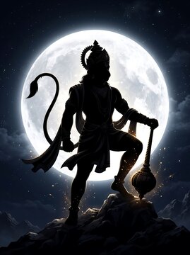 Mighty Hanuman silhouette rests his gada on a rocky summit beneath the luminous light of a full moon.