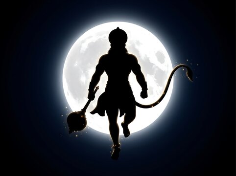 Hanuman silhouette walks forward with a gada weapon against the glowing full moon in a dark night sky.