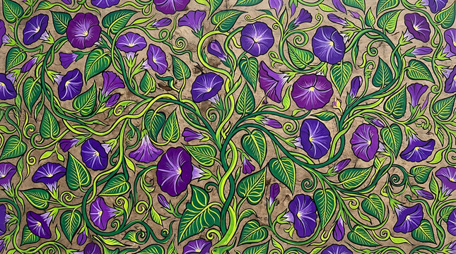 Climbing morning glory vines, amate bark art