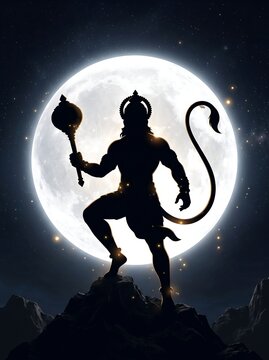 Lord Hanuman silhouette stands victoriously holding a mace against the bright full moon.